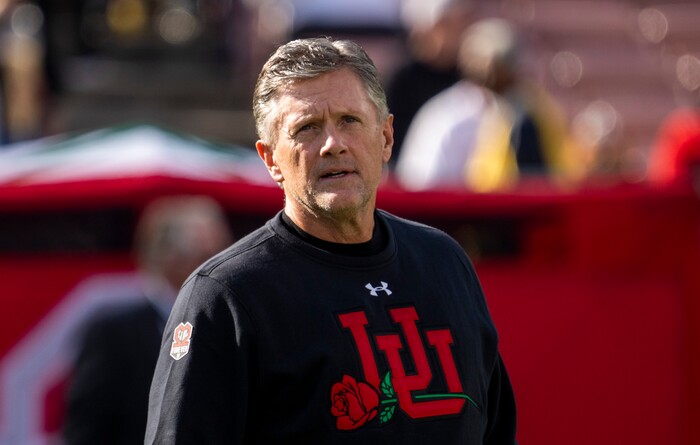 (Rick Egan | The Salt Lake Tribune) Utah Utes head coach Kyle Whittingham looks into the stands  during warmups, in football action between the Utah Utes and the Ohio State Buckeyes at the Rose Bowl in Pasadena, CA, on Saturday, January 1, 2022.
