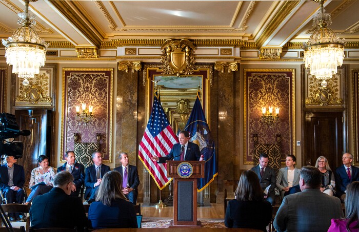 (Rick Egan  |  The Salt Lake Tribune)       Gov. Gary Herbert says a few words, during a news conference announcing Utah's next steps towards an Olympic and Paralympic Winter Games, at the Utah State Capitol, Wednesday, Feb. 12, 2020.