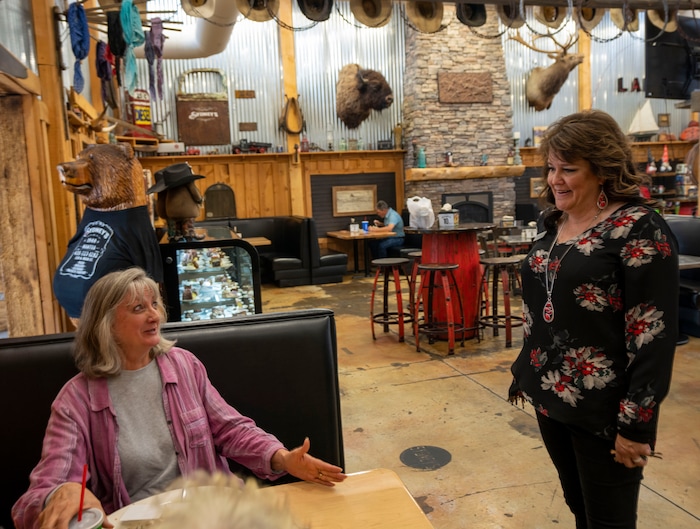 (Rick Egan | The Salt Lake Tribune)  Customer Melanie Christy, visits with  general manager Denise Hardy, at Sydney's restaurant in Mantua, on Tuesday, Aug. 17, 2021.