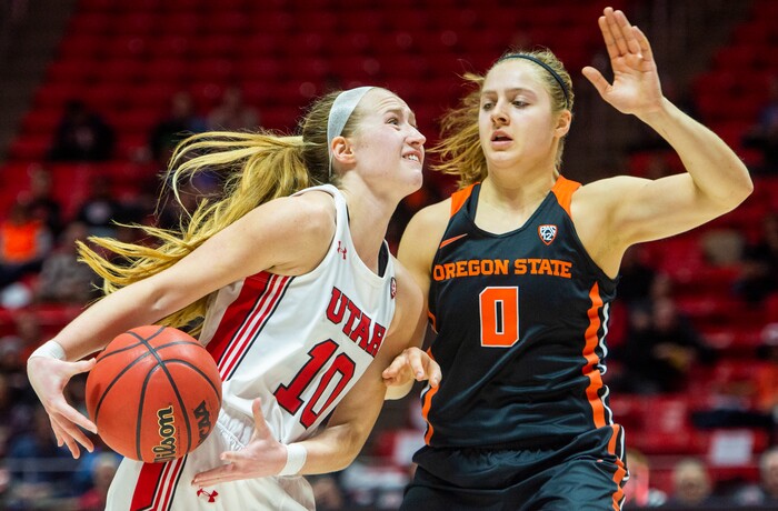 (Rick Egan  |  The Salt Lake Tribune)     Utah Utes guard Dru Gylten (10) takes the ball to the hoop, as Oregon State Beavers guard Mikayla Pivec (0) defends, in PAC-12 basketball action between the Utah Utes and the Oregon State Beavers at the Jon M. Huntsman Center, Saturday, Feb. 1, 2020.