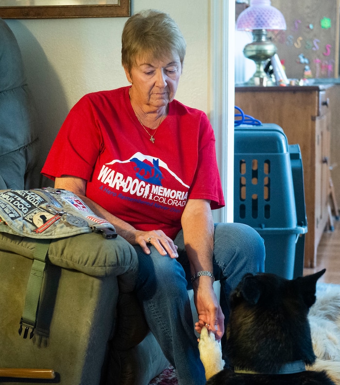 (Rick Egan  |  The Salt Lake Tribune)     Linda Crismer holds Massie's paw, one of two veteran dogs she adopted with her husband Jim.  Mazzie and Geli were rescued from Kuwait, as part of an effort to save dogs abandoned by the military after their handlers return home from duty.  Wednesday, Aug. 28, 2019.