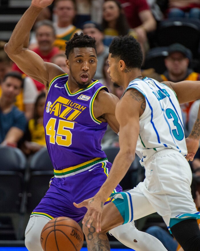 (Rick Egan  |  The Salt Lake Tribune)   Utah Jazz guard Donovan Mitchell (45) guards Charlotte Hornets guard Jeremy Lamb (3), in NBA action between the Utah Jazz and the Charlotte Hornets, in Salt Lake City,  Monday, April 1, 2019.