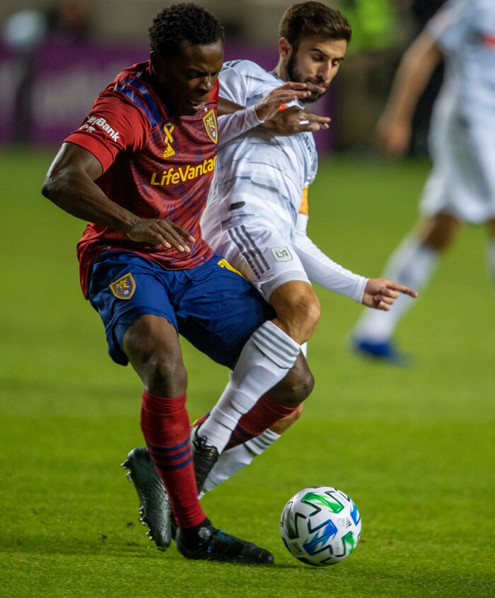 (Rick Egan  |  The Salt Lake Tribune). Real Salt Lake defender Nedum Onuoha (14) goes for the ball along with Los Angeles FC forward Diego Rossi (9), in MLS soccer action between Real Salt Lake and Los Angeles FC at Rio Tinto Stadium, on Wednesday, Sept. 9, 2020.