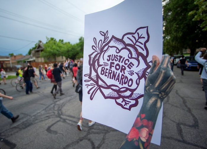 (Rick Egan  |  The Salt Lake Tribune)     Protesters march down 600 South in Salt Lake City, during a Justice for Bernardo rally on Thursday, June 25, 2020.