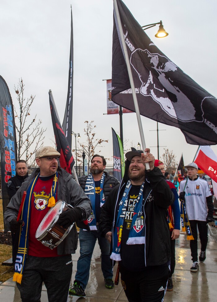 (Rick Egan  |  The Salt Lake Tribune)    The Real Monarchs supporters celebrate the Monarch's USL Cup Championship, during their championship parade at Lynn Crane Park in Herriman, Wednesday, Nov. 20, 2019.
