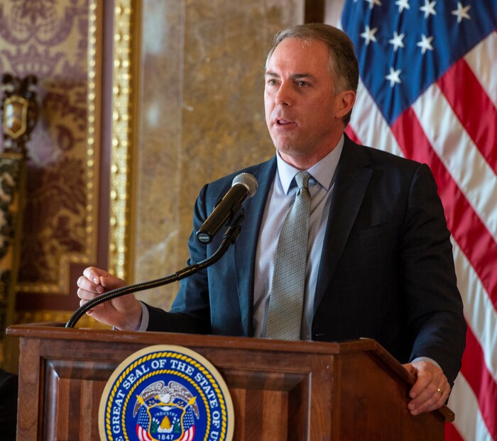 (Rick Egan  |  The Salt Lake Tribune)       Colin Hilton, Vice Chair, Salt Lake City-Utah committee for the Games, says a few words, during a news conference announcing Utah's next steps towards an Olympic and Paralympic Winter Games, at the Utah State Capitol, Wednesday, Feb. 12, 2020.