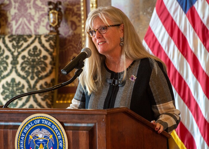 (Rick Egan  |  The Salt Lake Tribune)       Cindy Crane, Chair, Salt Lake City-Utah committee for the Games, says a few words, during a news conference announcing Utah's next steps towards an Olympic and Paralympic Winter Games, at the Utah State Capitol, Wednesday, Feb. 12, 2020.