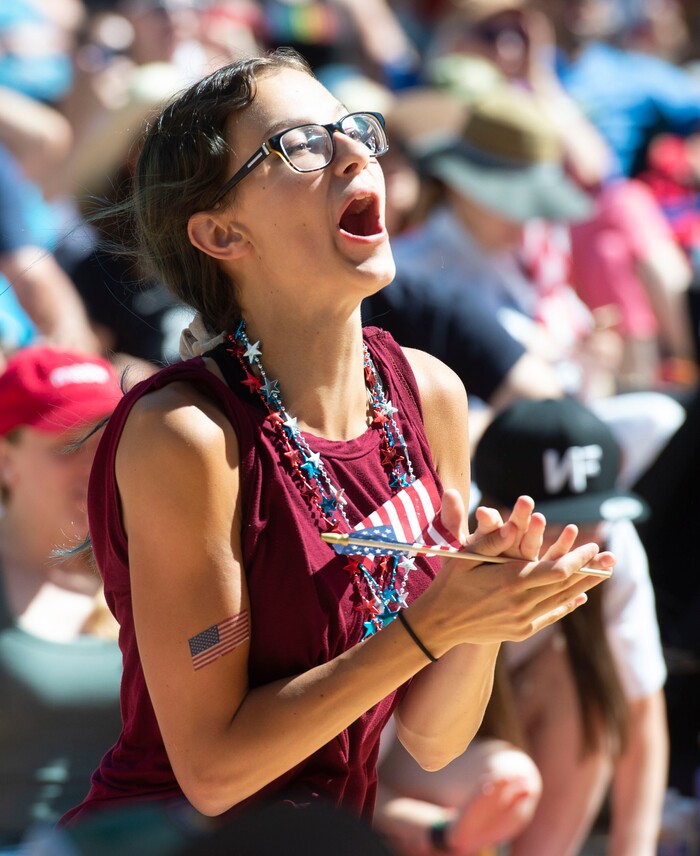 (Rick Egan  |  The Salt Lake Tribune)   Kate Phippen from Layton, cheers as the US women's team misses a goal, as they play the Netherlands in the World Cup final, during a watch party at the Gallivan Center in Salt Lake, Sunday, July 7, 2019.