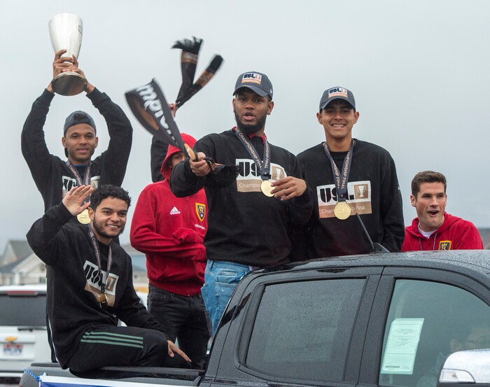(Rick Egan  |  The Salt Lake Tribune)    The Real Monarchs celebrate their USL Cup Championship, during their championship parade at Lynn Crane Park in Herriman, Wednesday, Nov. 20, 2019.
