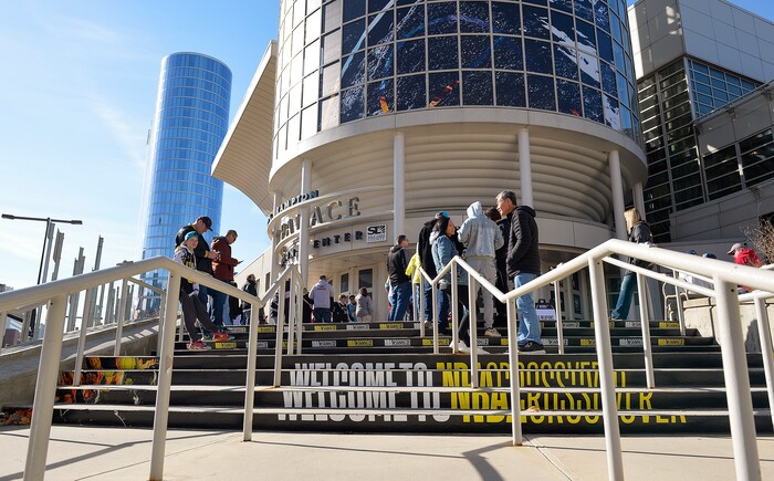 (Chris Samuels | The Salt Lake Tribune) Fans line up before the opening of NBA Crossover in Salt Lake City, Friday, Feb. 17, 2023.