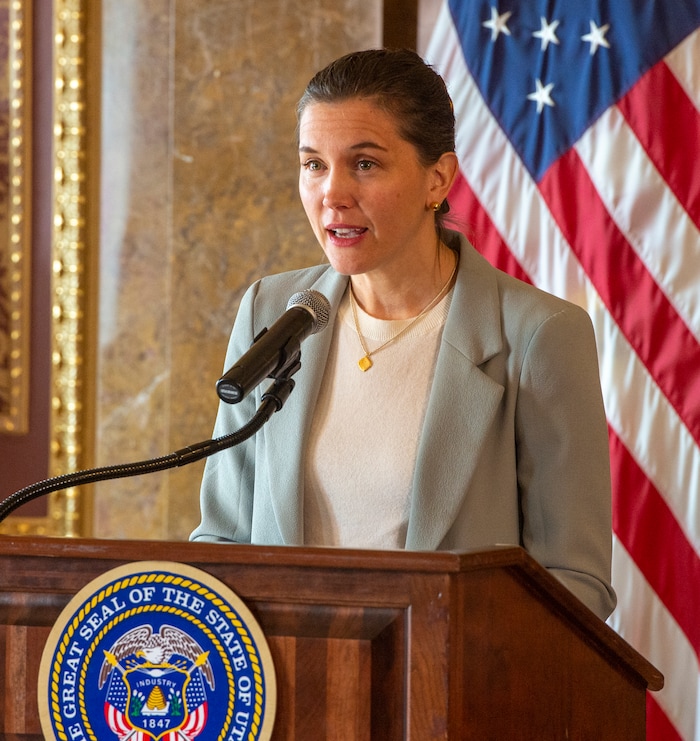 (Rick Egan  |  The Salt Lake Tribune)       Salt Lake City Mayor Erin Mendenhall says a few words, during a news conference announcing Utah's next steps towards an Olympic and Paralympic Winter Games, at the Utah State Capitol, Wednesday, Feb. 12, 2020.