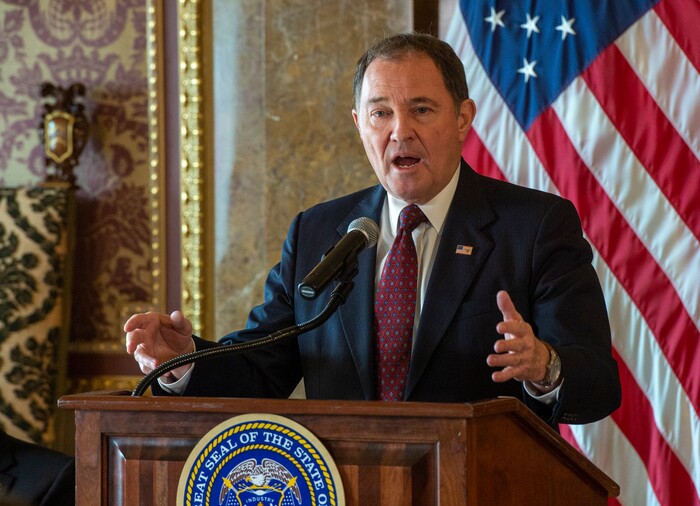 (Rick Egan  |  The Salt Lake Tribune)       Gov. Gary Herbert says a few words, during a news conference announcing Utah's next steps towards an Olympic and Paralympic Winter Games, at the Utah State Capitol, Wednesday, Feb. 12, 2020.