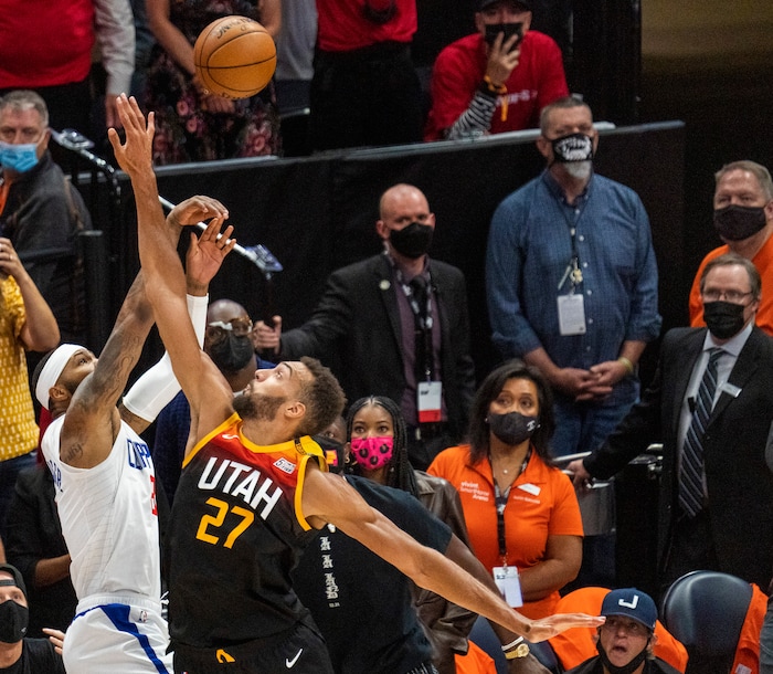 (Rick Egan | The Salt Lake Tribune) Utah Jazz center Rudy Gobert (27) blocks a shot by LA Clippers forward Marcus Morris Sr. (8) with seconds left in Game One of the second round of the NBA playoffs at Vivint Arena, on Tuesday, June 8, 2021.