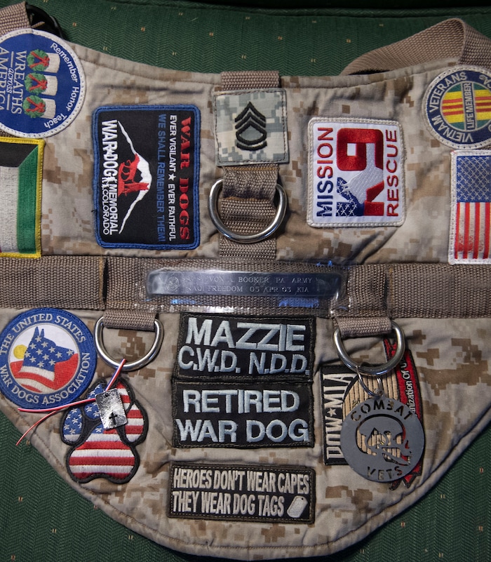 (Rick Egan | The Salt Lake Tribune) A vest worn by Massie, a veteran military canine who was rescued from Kuwait, is photographed Wednesday, Aug. 28, 2019. The dogs were rescued part of an effort to save dogs abandoned by the U.S. military after their handlers return home from duty.