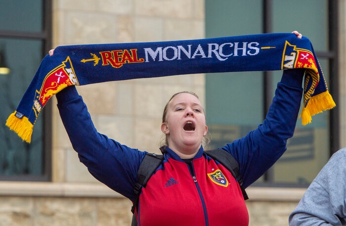 (Rick Egan  |  The Salt Lake Tribune)    Jessica  Hearst cheers as the Real Monarchs celebrate their USL Cup Championship, during their championship parade at Lynn Crane Park in Herriman, Wednesday, Nov. 20, 2019.