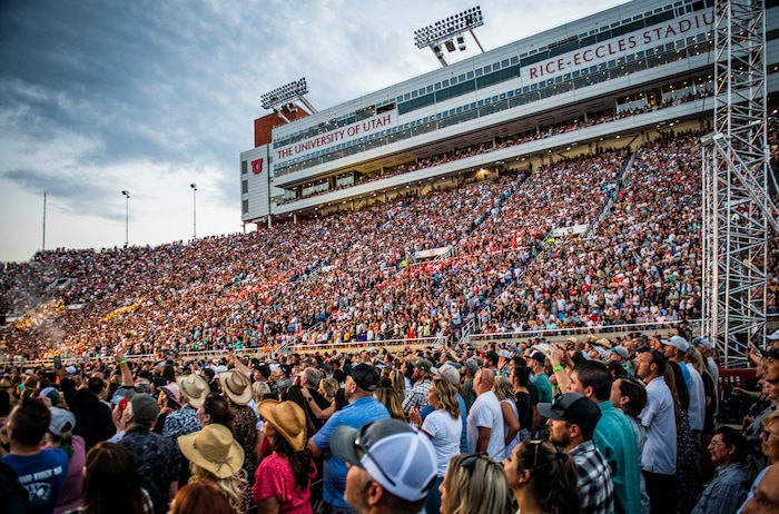 (Isaac Hale | Special to The Tribune) Fans watch as Garth Brooks performs with his band during a stop on their stadium tour held at Rice-Eccles Stadium in Salt Lake City on Saturday, July 17, 2021.
