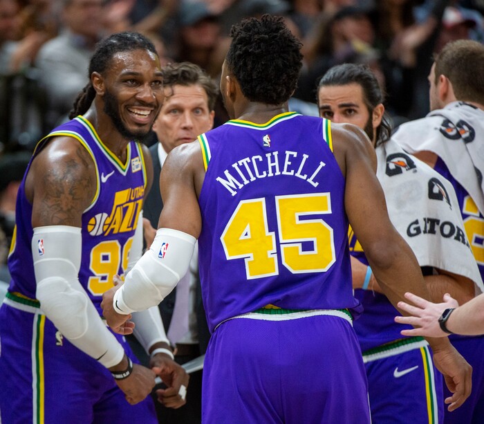 (Rick Egan  |  The Salt Lake Tribune)        Utah Jazz forward Jae Crowder (99) and Utah Jazz guard Donovan Mitchell (45) react as they go into a time out with a 4 point lead late in the game, in NBA action between the Utah Jazz and the Washington Wizards, in Salt Lake City, Friday, March 29, 2019.