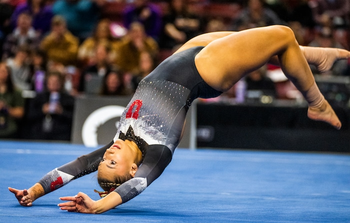 (Rick Egan | The Salt Lake Tribune)  Makenna Smith competes on the floor, for Utah, during a meet between Utah, LSU, Oklahoma and UCLA at the Maverik Center, on Saturday, Jan. 13, 2024.