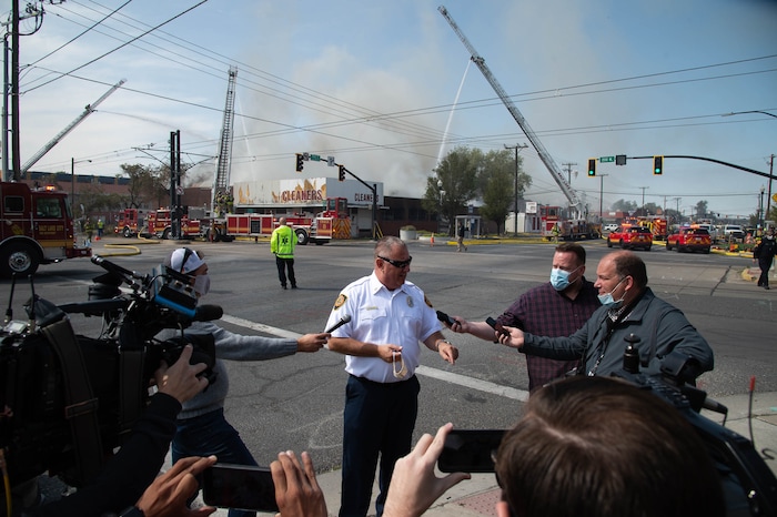 (Francisco Kjolseth  |  The Salt Lake Tribune) Ryan Mellor, Division Chief at Salt Lake City Fire Department gives an update on a suspected arson fire at an abandoned dry cleaner business at the corner of 800 South 200 West in Salt Lake City on Wednesday, Sept. 9, 2020.
