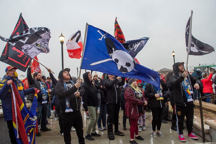(Rick Egan  |  The Salt Lake Tribune)    The Real Monarchs supporters celebrate the Monarch's USL Cup Championship, during their championship parade at Lynn Crane Park in Herriman, Wednesday, Nov. 20, 2019.