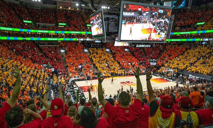 (Rick Egan | The Salt Lake Tribune) Jazz fans cheer as the Jazz take the led in the 3rd quarter, in the first full capacity crowd since the pandemic, in NBA action between the Utah Jazz and the LA Clippers, in game one in the second round of the NBA playoff series at Vivint Arena, on Tuesday, June 8, 2021.