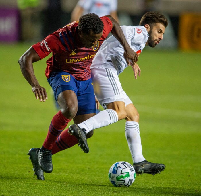 (Rick Egan  |  The Salt Lake Tribune). Real Salt Lake defender Nedum Onuoha (14) goes for the ball along with Los Angeles FC forward Diego Rossi (9), in MLS soccer action between Real Salt Lake and Los Angeles FC at Rio Tinto Stadium, on Wednesday, Sept. 9, 2020.