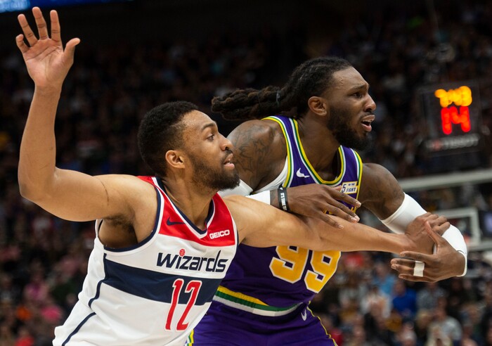 (Rick Egan  |  The Salt Lake Tribune)        Utah Jazz forward Jae Crowder (99) is called for a technical foul as he jockey's for position with Washington Wizards forward Jabari Parker (12), in NBA action between the Utah Jazz and the Washington Wizards, in Salt Lake City, Friday, March 29, 2019.
