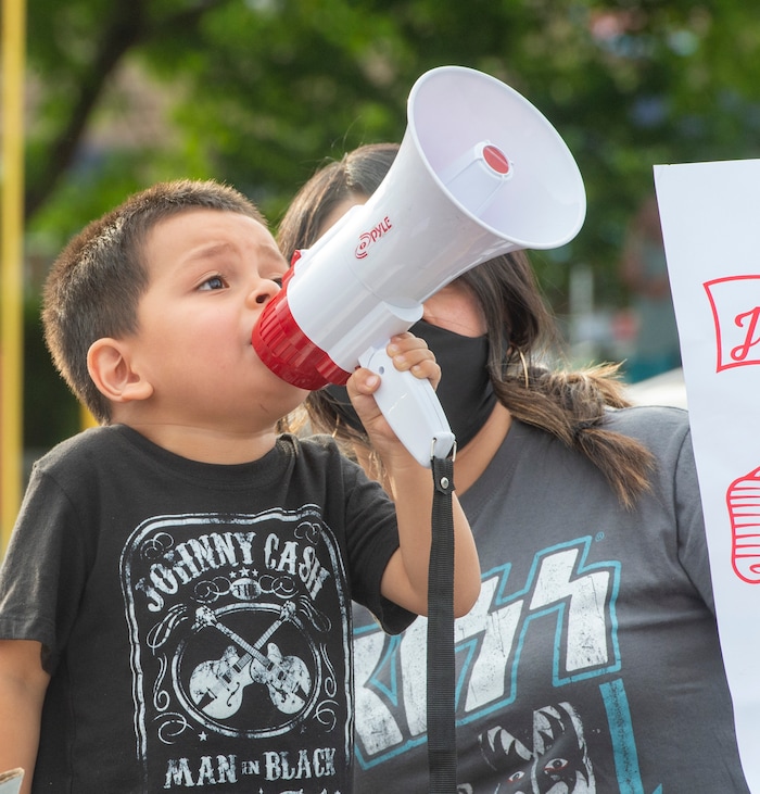 (Rick Egan  |  The Salt Lake Tribune)     Bernardo's nephew, 3-year-old Aiden Palacios, chants with the protesters along with his mother Norma, during a Justice for Bernardo Polacios rally on Thursday, June 25, 2020.