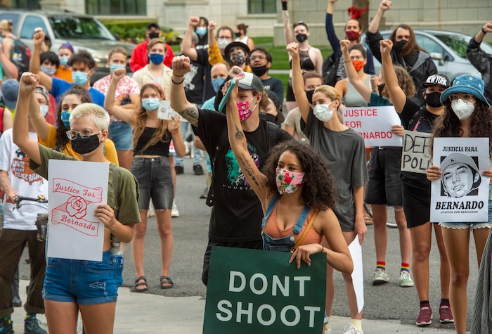 (Rick Egan  |  The Salt Lake Tribune)     Protesters shout for justice for Bernardo, during a rally at the Salt Lake City Attorney's Office, on Thursday, June 25, 2020.