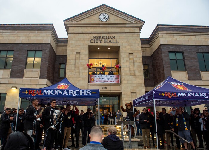 (Rick Egan  |  The Salt Lake Tribune)    The Real Monarchs celebrate their USL Cup Championship, during their championship parade at Lynn Crane Park in Herriman, Wednesday, Nov. 20, 2019.