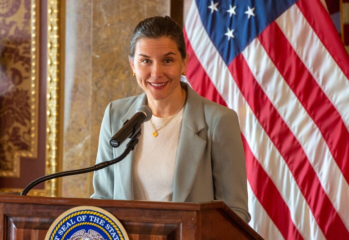 (Rick Egan  |  The Salt Lake Tribune)       Salt Lake City Mayor Erin Mendenhall says a few words, during a news conference announcing Utah's next steps towards an Olympic and Paralympic Winter Games, at the Utah State Capitol, Wednesday, Feb. 12, 2020.