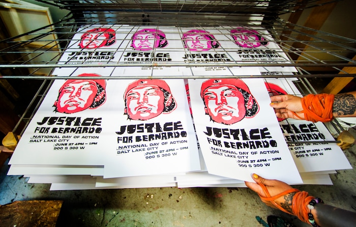 (Rick Egan  |  The Salt Lake Tribune)     Volunteers make silk screen prints for protest posters, Friday, June 26, 2020.