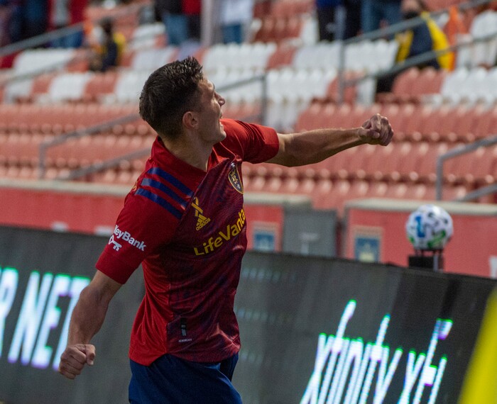(Rick Egan  |  The Salt Lake Tribune)   Real Salt Lake midfielder Damir Kreilach (8) reacts after scoring a goal for Real Salt Lake in the first period, in MLS soccer action between Real Salt Lake and Los Angeles FC at Rio Tinto Stadium, on Wednesday, Sept. 9, 2020.
