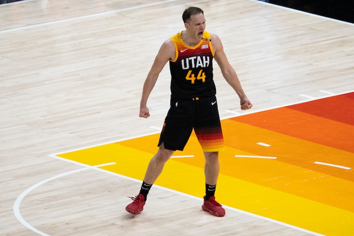 (Rick Egan | The Salt Lake Tribune) Utah Jazz forward Bojan Bogdanovic (44) reacts after sining a 3-pointer to but the Jazz up by 10 points late in the 4th quarter, in NBA action between the Utah Jazz and the LA Clippers, in game one in the second round of the NBA playoff series at Vivint Arena, on Tuesday, June 8, 2021.