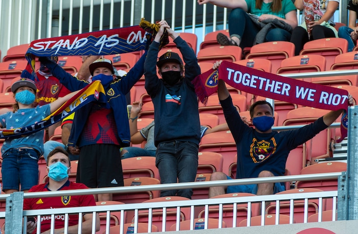 (Rick Egan  |  The Salt Lake Tribune)     Socially distanced fans cheer on Real Salt Lake  during MLS soccer action between Real Salt Lake and the Seattle Sounders, at Rio Tinto Stadium, Wednesday, Sept. 2, 2020.