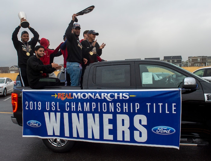(Rick Egan  |  The Salt Lake Tribune)    The Real Monarchs celebrate their USL Cup Championship, during their championship parade at Lynn Crane Park in Herriman, Wednesday, Nov. 20, 2019.