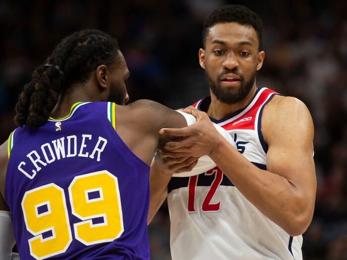 (Rick Egan  |  The Salt Lake Tribune)        Utah Jazz forward Jae Crowder (99) is called for a technical foul as he jockey's for position with Washington Wizards forward Jabari Parker (12), in NBA action between the Utah Jazz and the Washington Wizards, in Salt Lake City, Friday, March 29, 2019.