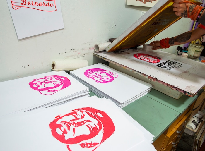 (Rick Egan  |  The Salt Lake Tribune)     Volunteers make silk screen prints for protest posters, Friday, June 26, 2020.