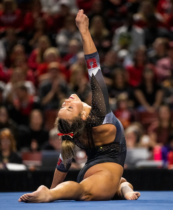 (Rick Egan | The Salt Lake Tribune)  Jaylene Gilstrap competes on the floor for Utah, in Gymnastics actin between Utah, LSU, Oklahoma and UCLA at the Maverik Center, on Saturday, Jan. 13, 2024.