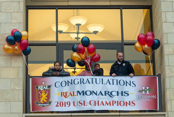 (Rick Egan  |  The Salt Lake Tribune)    The Real Monarchs fans celebrate the Monarchs USL Cup Championship, during their championship parade at Lynn Crane Park in Herriman, Wednesday, Nov. 20, 2019.