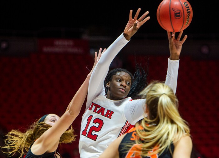 (Rick Egan  |  The Salt Lake Tribune)     Utah Utes forward Lola Pendande (12) throws a pass, in PAC-12 basketball action between the Utah Utes and the Oregon State Beavers at the Jon M. Huntsman Center, Saturday, Feb. 1, 2020.