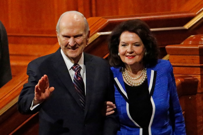 (Rick Bowmer  |  AP) President Russell M. Nelson and his wife, Wendy, wave as they leave the morning session of The Church of Jesus Christ of Latter-day Saints' twice-annual church conference Saturday, Oct. 5, 2019, in Salt Lake City. Nelson has rolled out a dizzying number of policy changes during his first two years at the helm of the faith, leading to heightened anticipation for what he may announce at this weekend's conference in Salt Lake City.