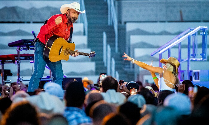 (Isaac Hale | Special to The Tribune) Garth Brooks performs with his band during a stop on their stadium tour held at Rice-Eccles Stadium in Salt Lake City on Saturday, July 17, 2021.