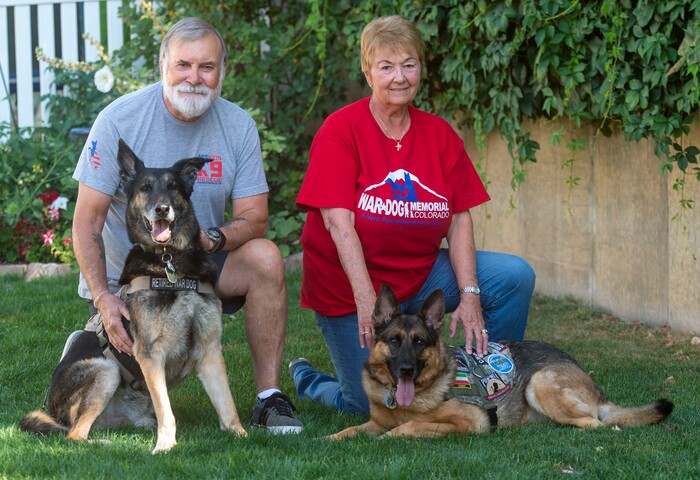 (Rick Egan | The Salt Lake Tribune)  Jim and Linda Crismer, who adopted two veteran military canines Mazzie and Geli from Kuwait, are photographed Wednesday, Aug. 28, 2019. The dogs were rescued part of an effort to save dogs abandoned by the U.S. military after their handlers return home from duty.