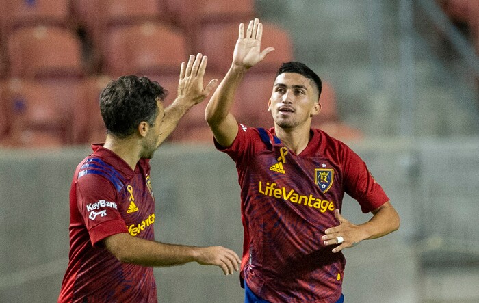 (Rick Egan  |  The Salt Lake Tribune)    Real Salt Lake midfielder Pablo Ruiz (6) celebrates game-tying his goal late in the second period, MLS soccer action between Real Salt Lake and the S eattle Sounders, at Rio Tinto Stadium, Wednesday, Sept. 2, 2020.