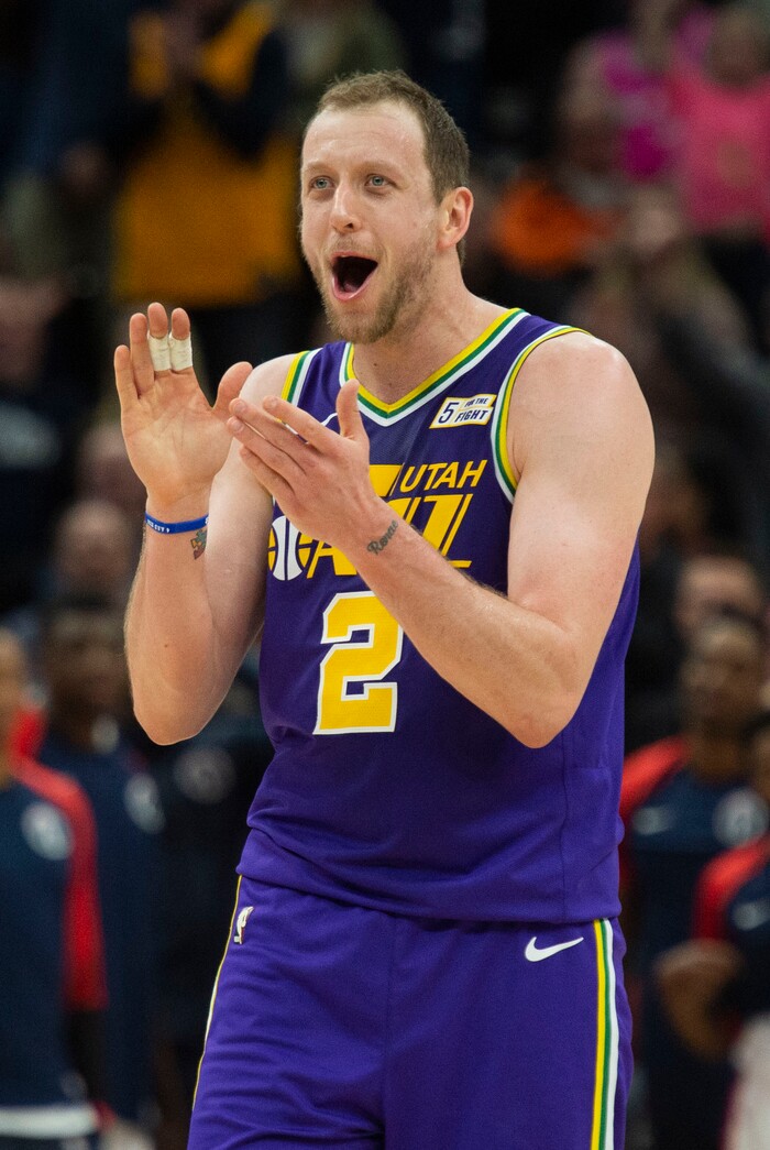 (Rick Egan  |  The Salt Lake Tribune)        Utah Jazz forward Joe Ingles (2) reacts after drawing a foul on a screen play with Washington Wizards forward Bobby Portis (5), in NBA action between the Utah Jazz and the Washington Wizards, in Salt Lake City, Friday, March 29, 2019.