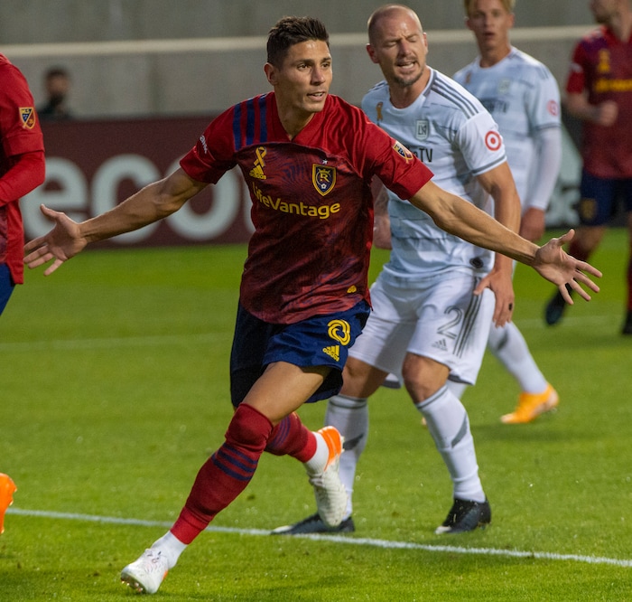 (Rick Egan  |  The Salt Lake Tribune)   Real Salt Lake midfielder Damir Kreilach (8) reacts after scoring a goal for Real Salt Lake in the first period, in MLS soccer action between Real Salt Lake and Los Angeles FC at Rio Tinto Stadium, on Wednesday, Sept. 9, 2020.